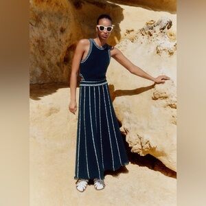 ME + EM Cotton Boucle Cut Out Maxi Dress in Navy & Cream Size M $425